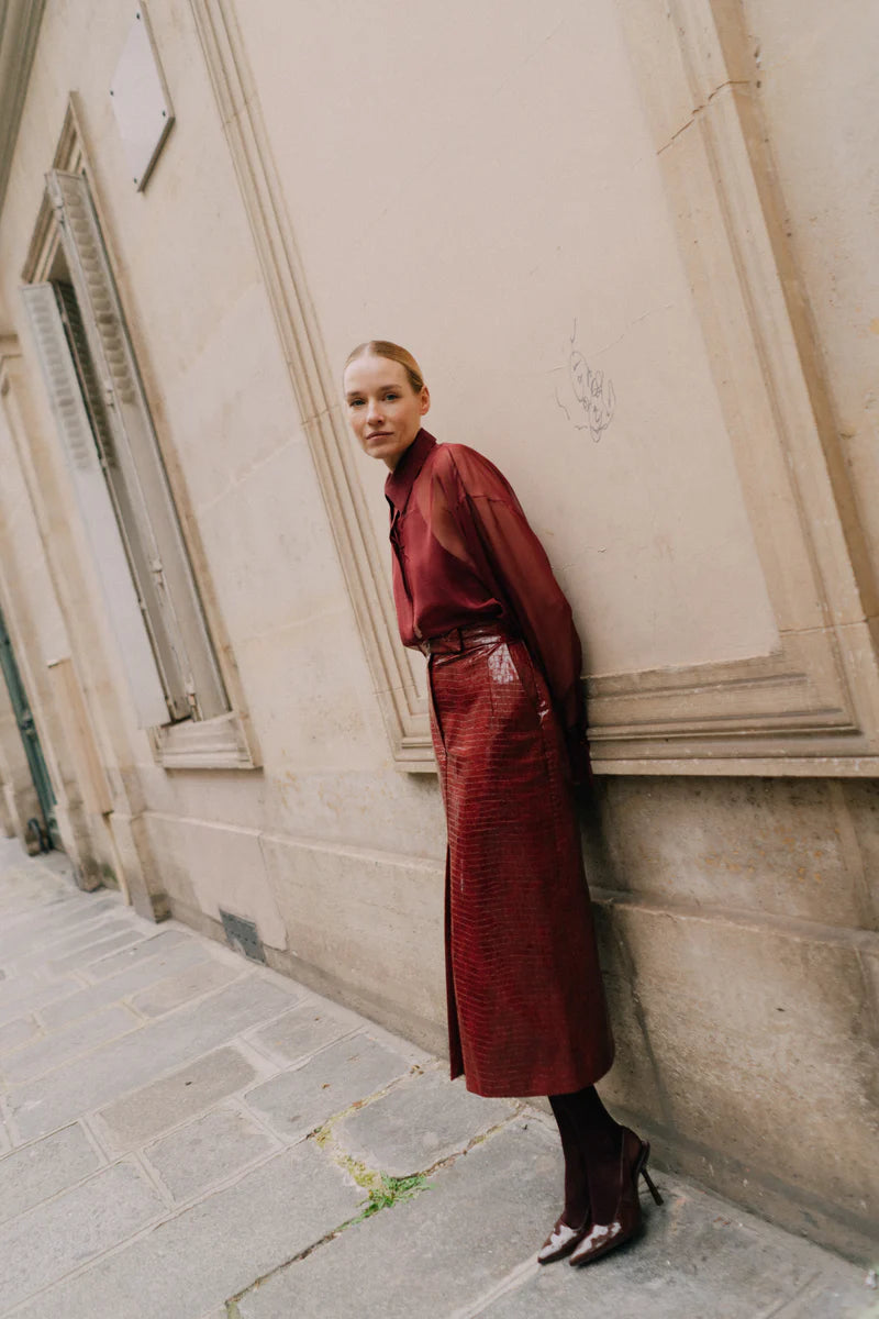 CROCO BURGUNDY MIDI SKIRT