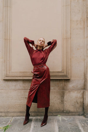 CROCO BURGUNDY MIDI SKIRT