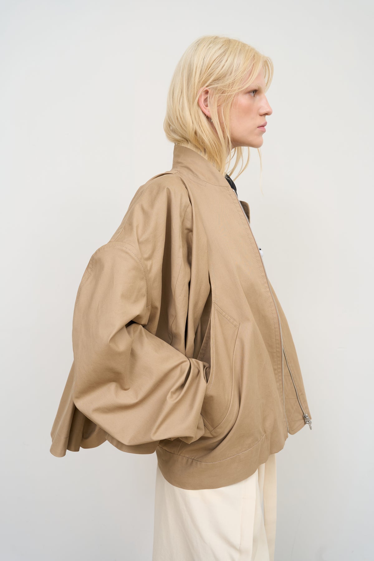 BEIGE CAPE OVERLAY BOMBER JACKET