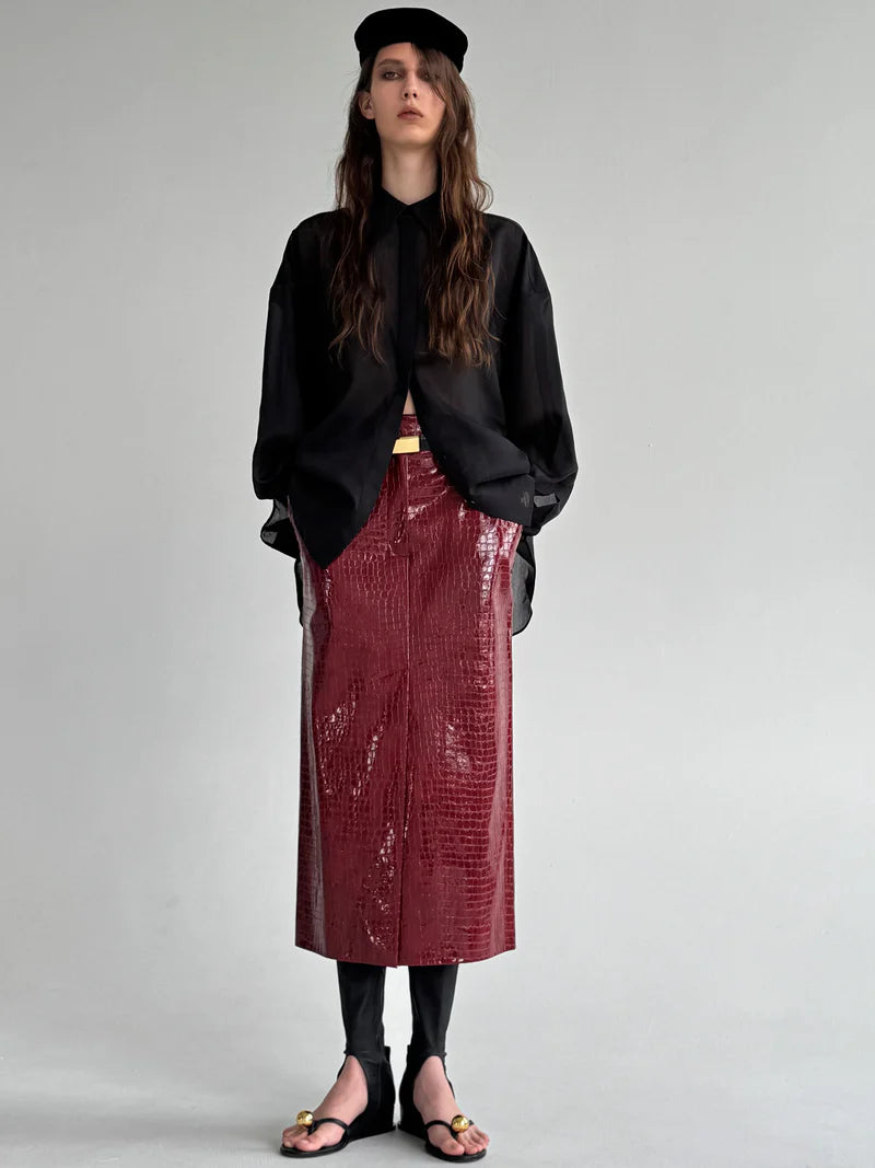 CROCO BURGUNDY MIDI SKIRT