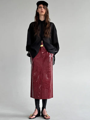 CROCO BURGUNDY MIDI SKIRT