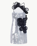 Міні-сукня з блискітками та багатошаровими квітковими аплікаціями