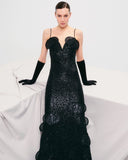 Сукня-бюстьє максі з блискітками, квітковими аплікаціями та багатошаровими пелюстками